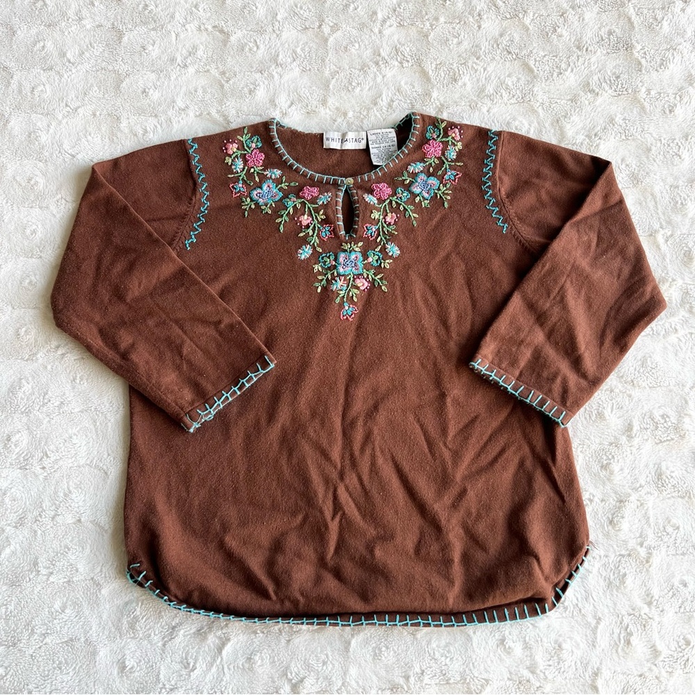 Vintage Floral Blouse Shirt Womens Small Brown Southwestern Boho Hippie Peasant